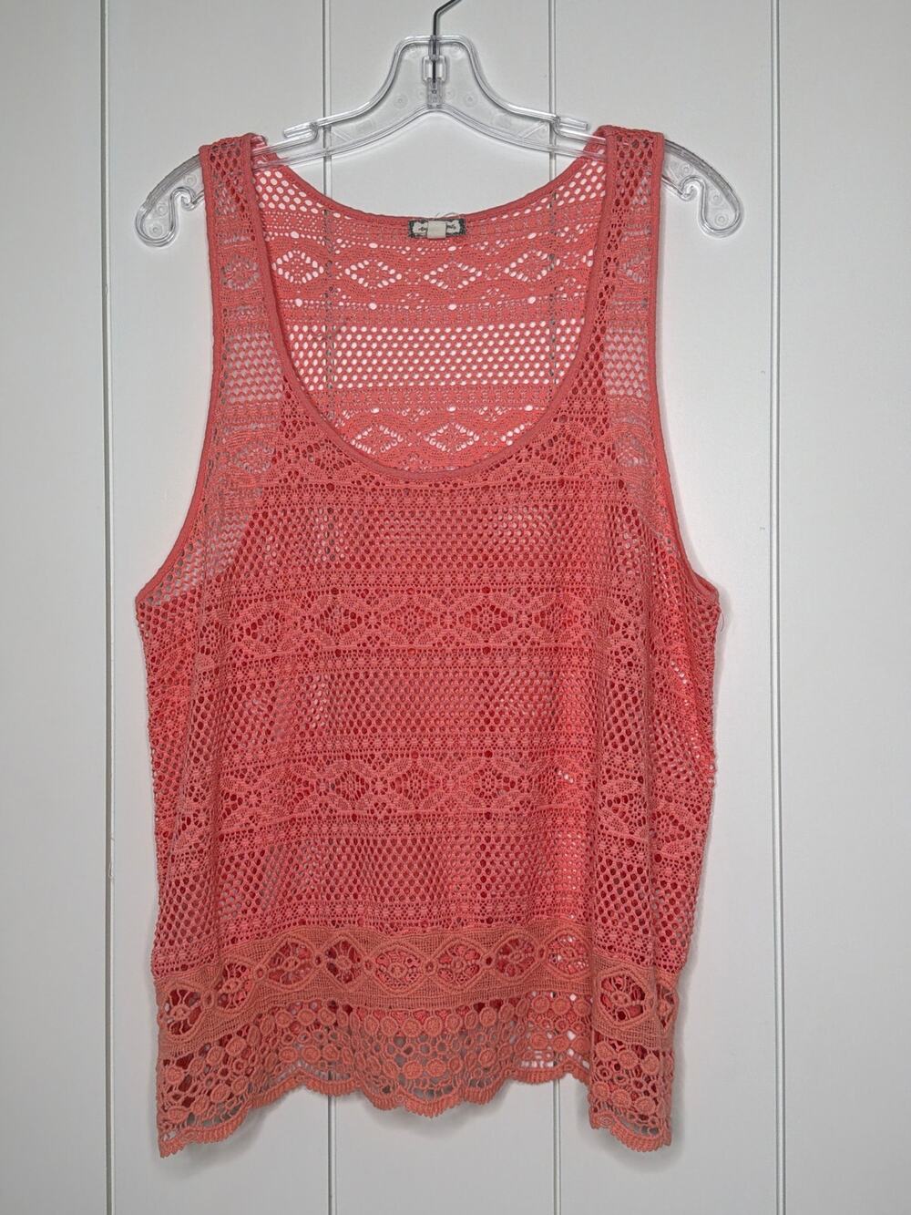 Eyeshadow Coral Open Crochet Lace Tank Top XL Boho Sleeveless Scalloped Hem